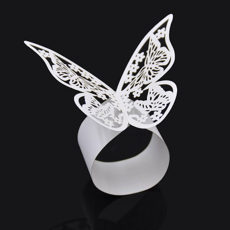 50pz Porta Tovaglioli Anelli Carta Perlata Bianca Farfalla