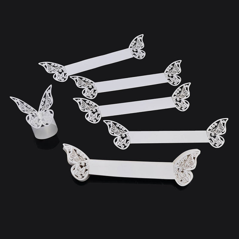 50pz Porta Tovaglioli Anelli Carta Perlata Bianca Farfalla