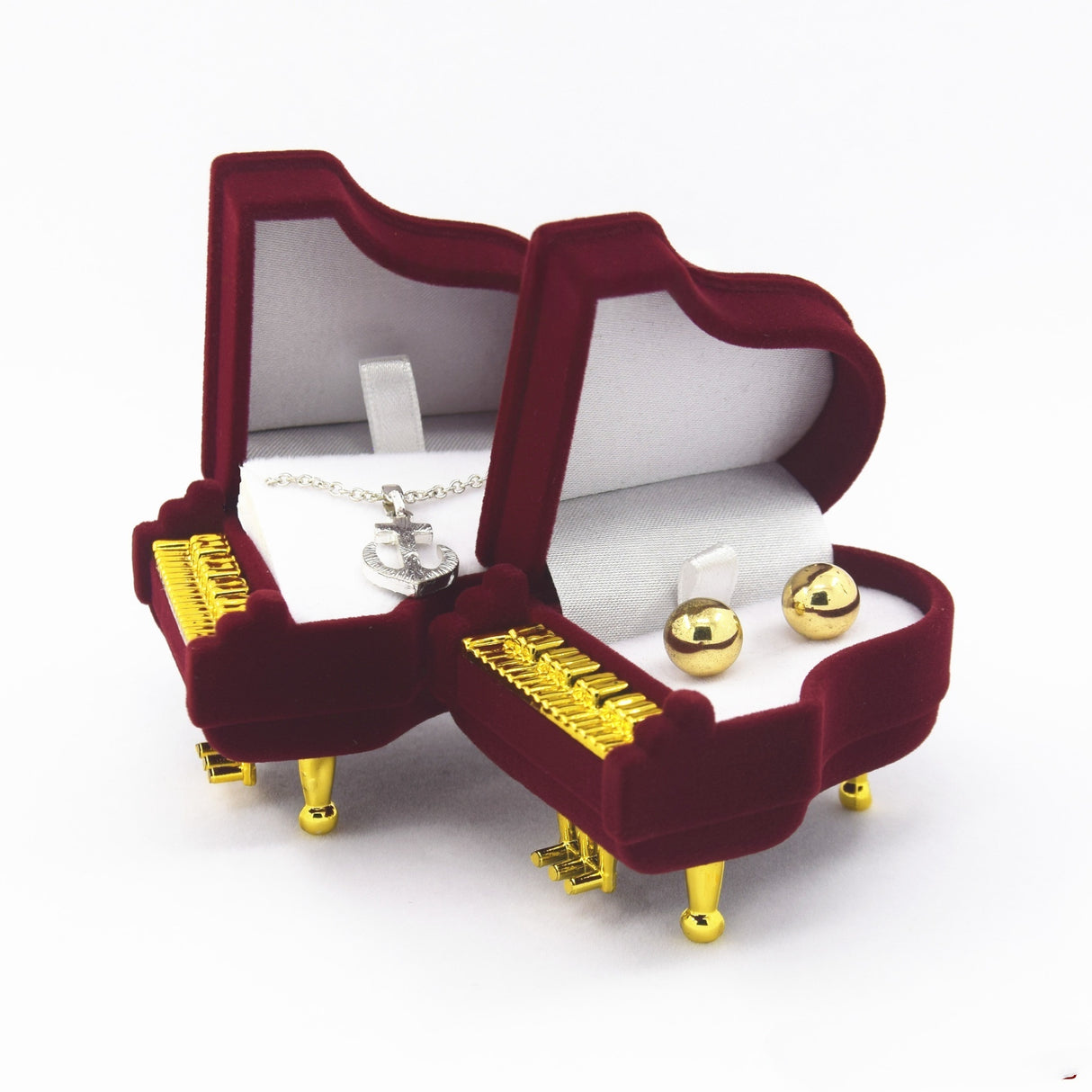 Portagioie a Forma di Pianoforte in Velluto Bordeaux, Astuccio Elegante per Anelli e Collane, 69x53x52mm, con Piedini Dorati