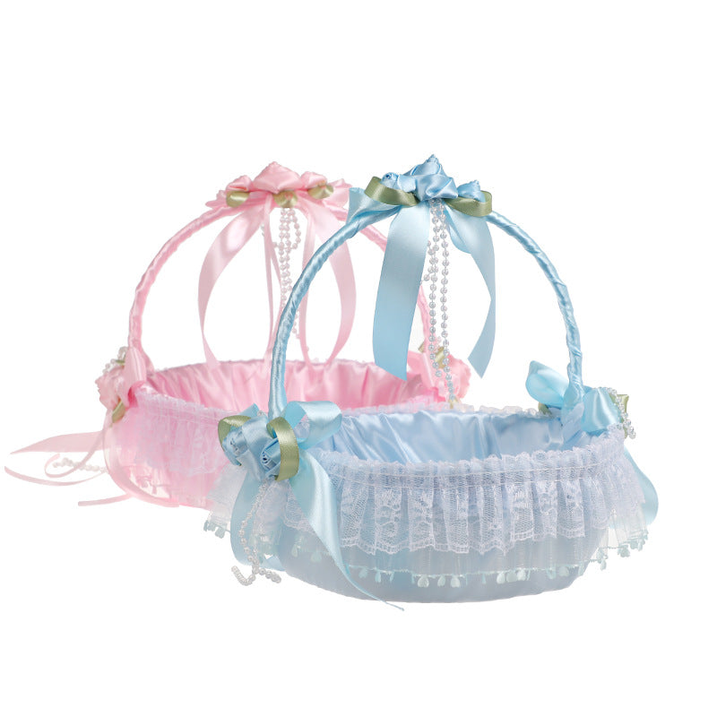 Cestino Vimini Decorativo per Cerimonie, 21x25 cm,con Nastri e Pizzo, Porta Fiori,Lancio di Petali e Bouquet da Sposa Per damigelle