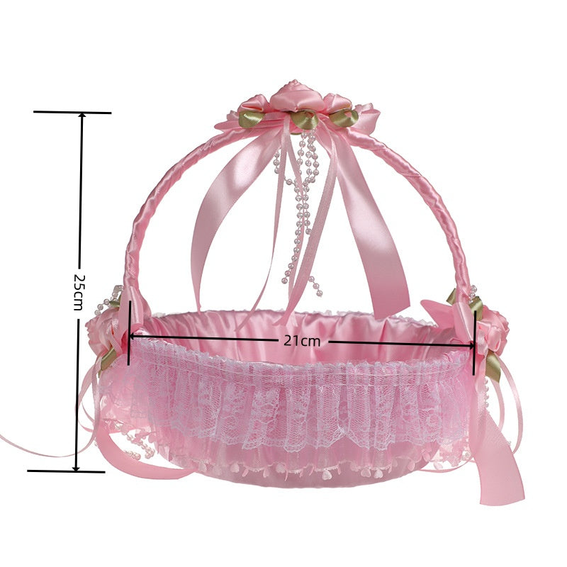 Cestino Vimini Decorativo per Cerimonie, 21x25 cm,con Nastri e Pizzo, Porta Fiori,Lancio di Petali e Bouquet da Sposa Per damigelle