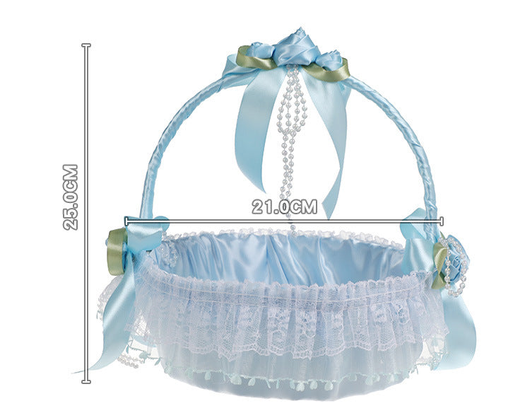 Cestino Vimini Decorativo per Cerimonie, 21x25 cm,con Nastri e Pizzo, Porta Fiori,Lancio di Petali e Bouquet da Sposa Per damigelle