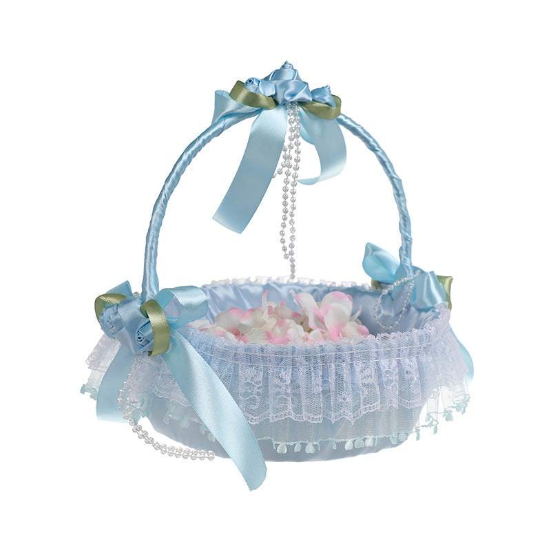 Cestino Vimini Decorativo per Cerimonie, 21x25 cm,con Nastri e Pizzo, Porta Fiori,Lancio di Petali e Bouquet da Sposa Per damigelle