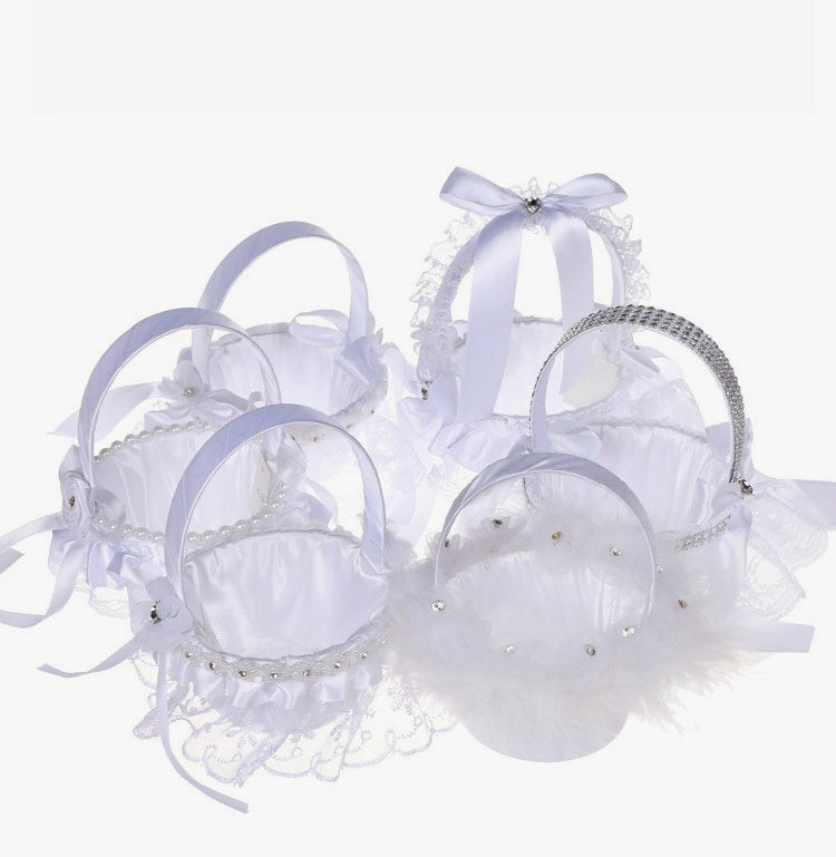 Vinimi Cestino Piccolo 13 * 18cm Decorativo per Matrimonio, Bianco con Pizzo e Fiocchi in Raso, Porta petali, fiori, centrotavolo