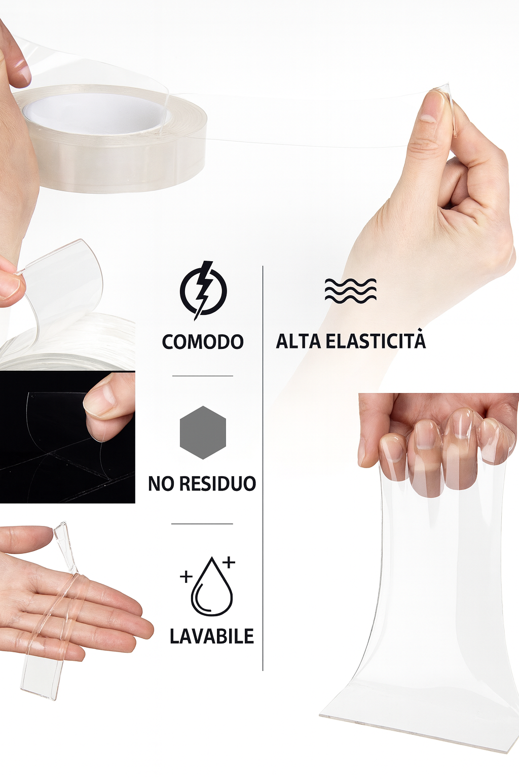 Nastro biadesivo resistente 2m*1.8cm, senza traccia, rimovibile, riutilizzabile, lavabile