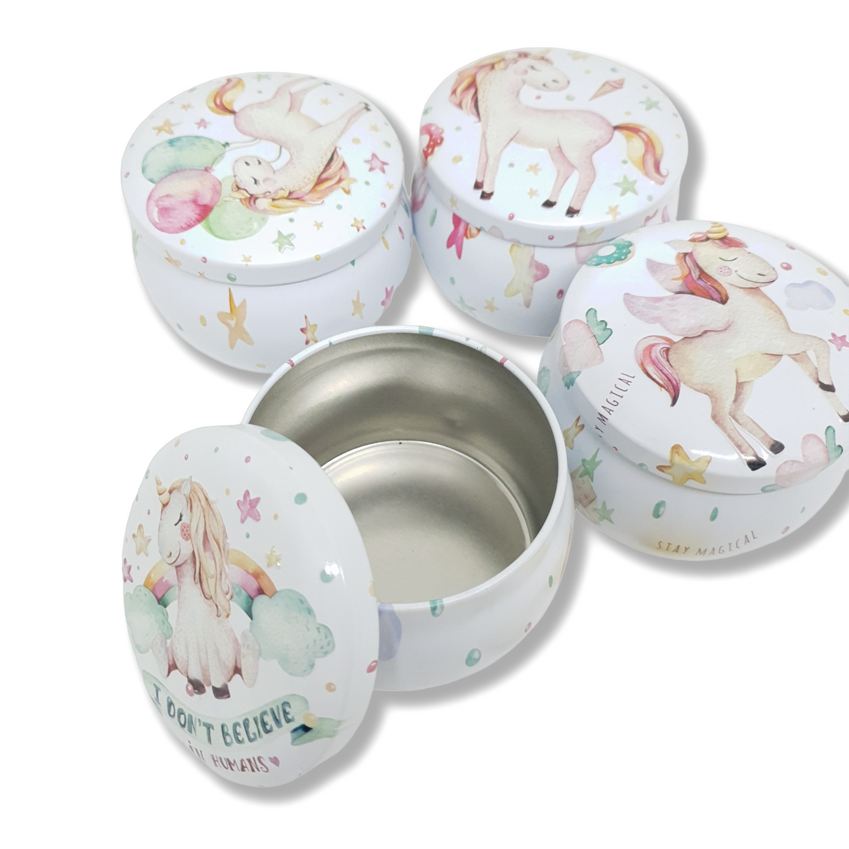 Scatola Rotonda Latta Cesto di Regalo Unicorno Portafortuna Portaconfetti