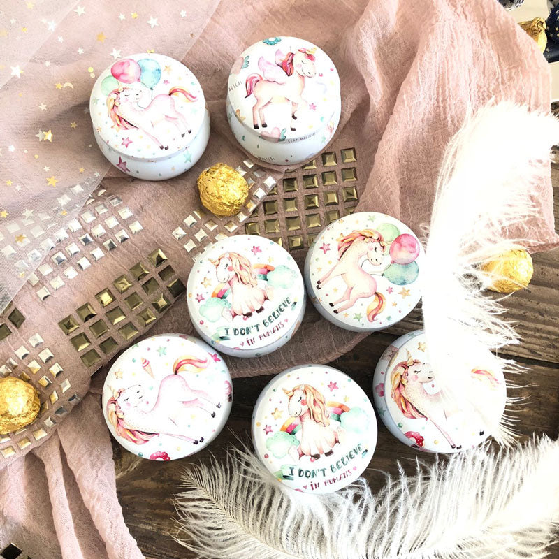 Scatola Rotonda Latta Cesto di Regalo Unicorno Portafortuna Portaconfetti