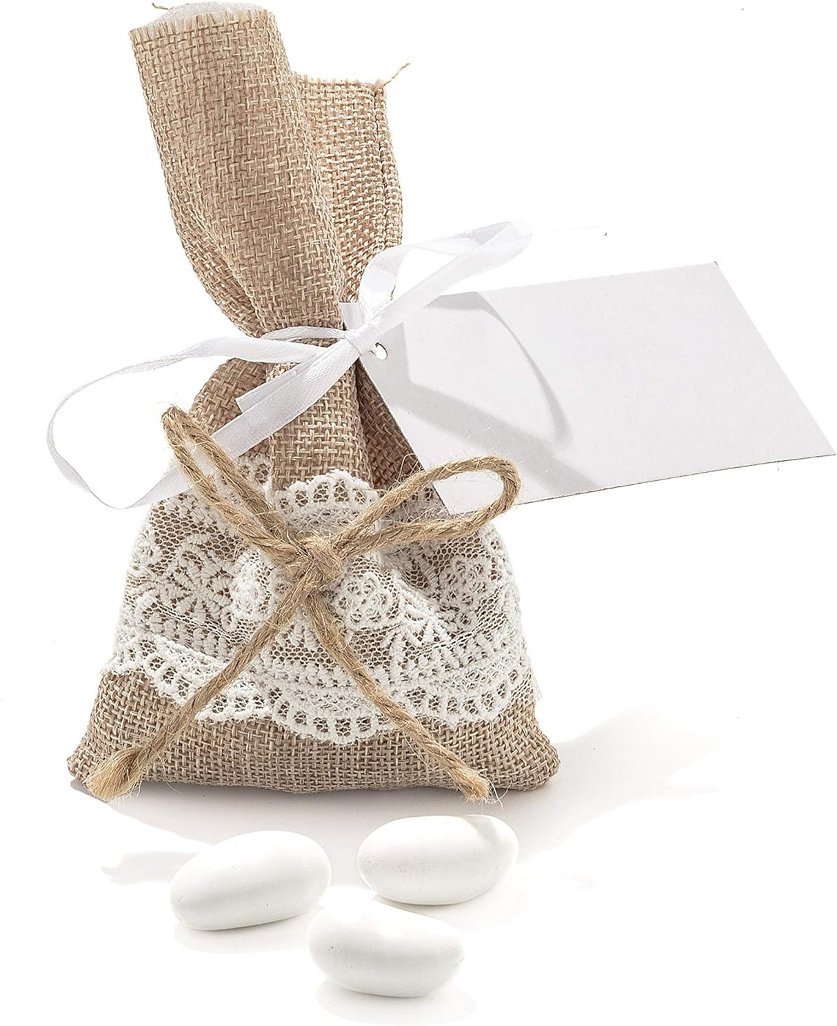 10pz sacchetti rustici iuta naturale con fiocco pizzo (NASTRO ETICHETTA COMPRESO)