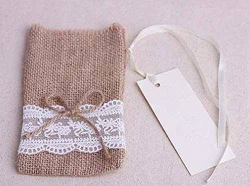 10pz sacchetti rustici iuta naturale con fiocco pizzo (NASTRO ETICHETTA COMPRESO)