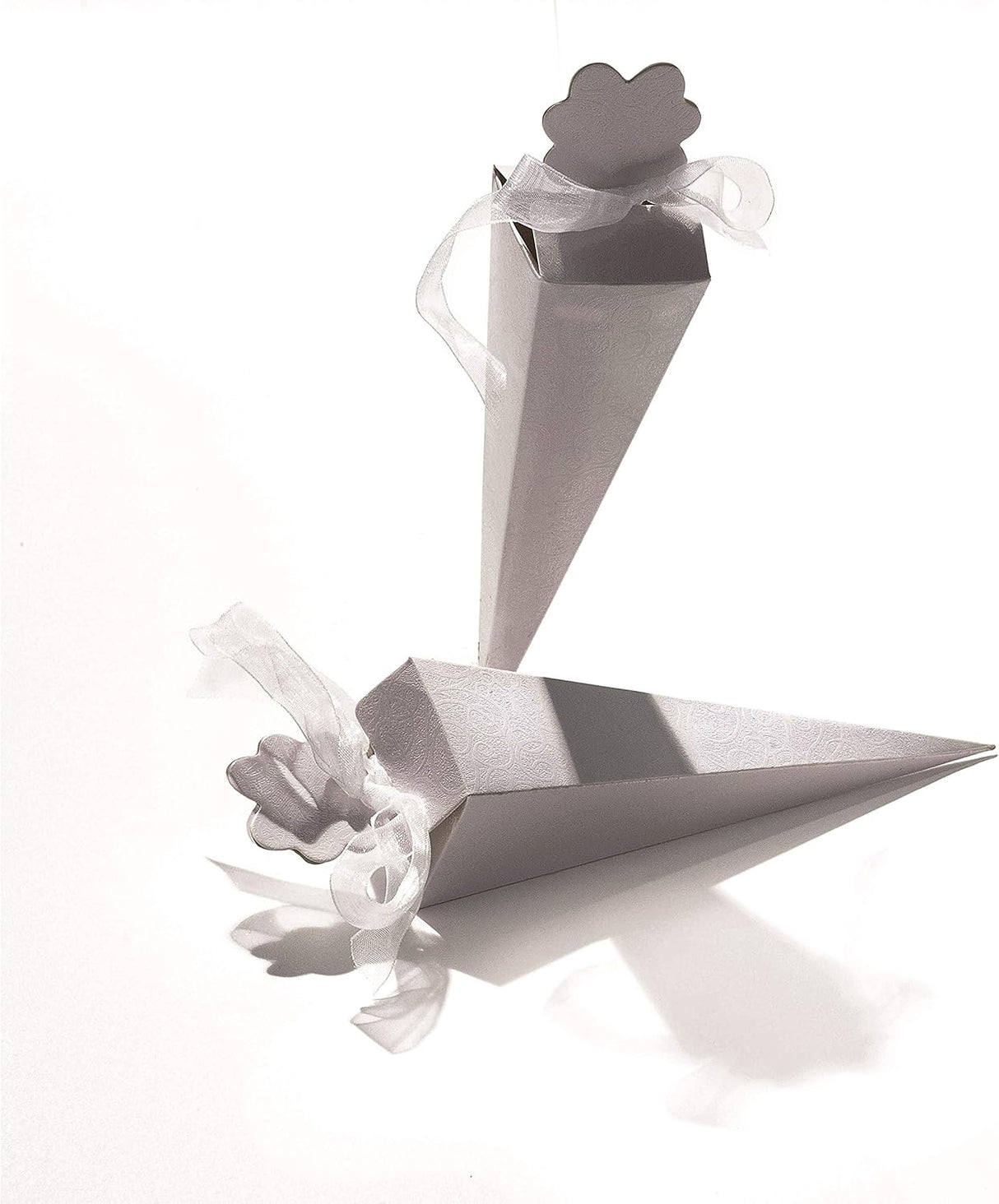 25 CONI PORTARISO PORTACONFETTI CON EFFETTO SETA BIANCA A RILIEVO (Nastro organza compreso)