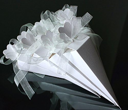 25 CONI PORTARISO PORTACONFETTI CON EFFETTO SETA BIANCA A RILIEVO (Nastro organza compreso)