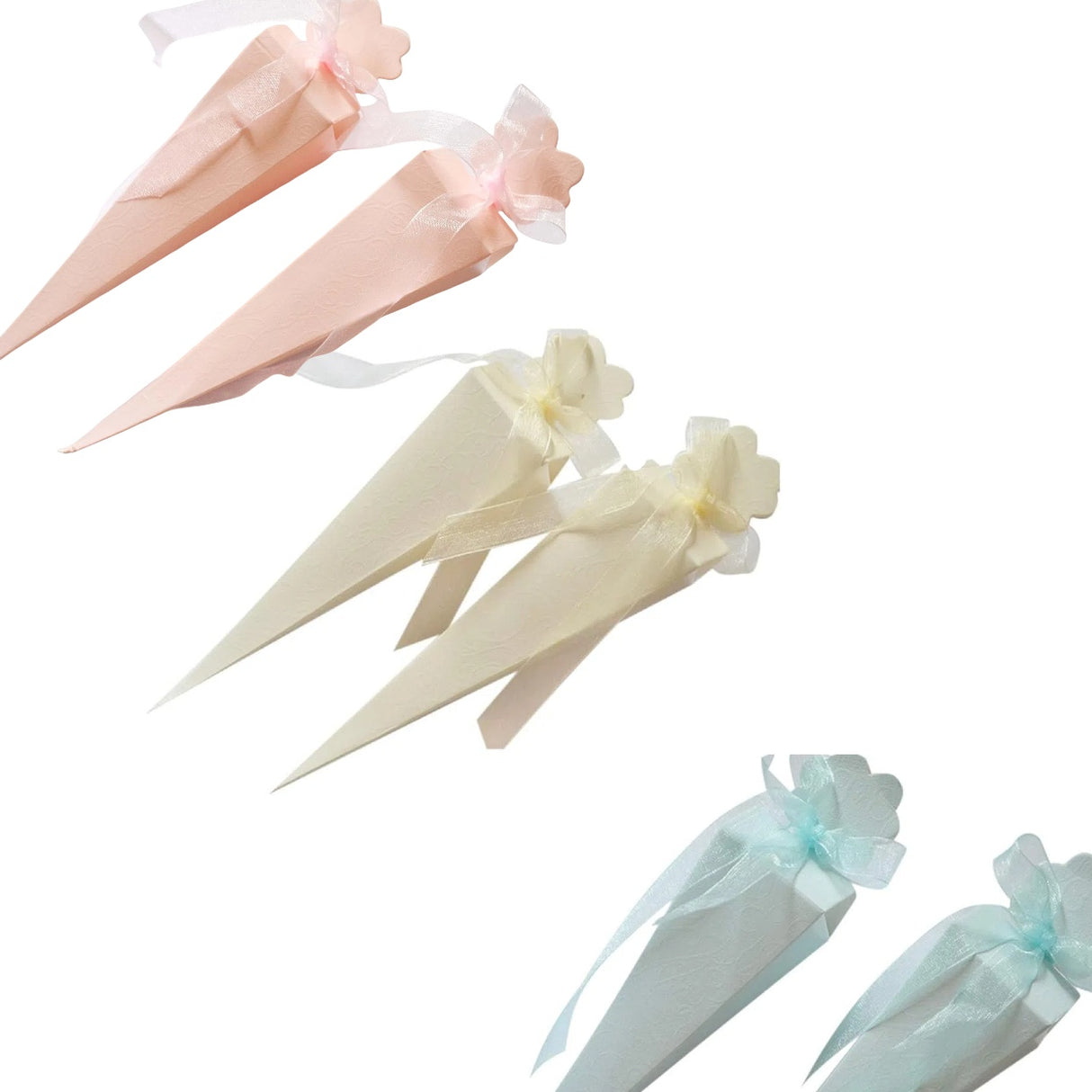 25 CONI PORTARISO PORTACONFETTI CON EFFETTO SETA BIANCA A RILIEVO (Nastro organza compreso)