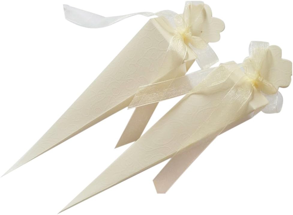 25 CONI PORTARISO PORTACONFETTI CON EFFETTO SETA BIANCA A RILIEVO (Nastro organza compreso)