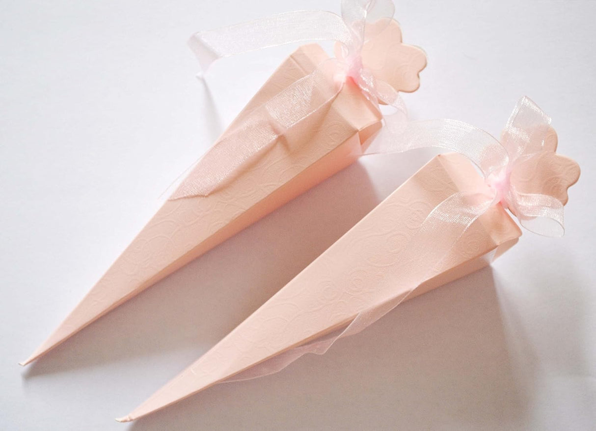 25 CONI PORTARISO PORTACONFETTI CON EFFETTO SETA BIANCA A RILIEVO (Nastro organza compreso)