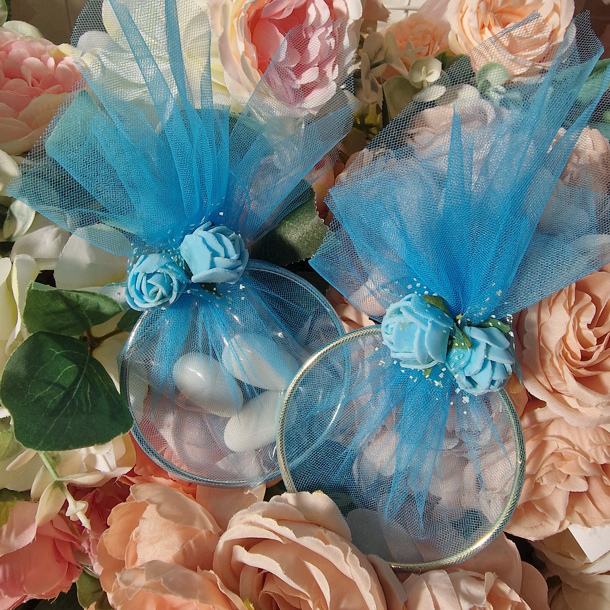 20 pezzi Bomboniera segnaposto in cerchio anello metallico e tulle Celeste con fiore decorazione, adatta a tutte le cerimonie