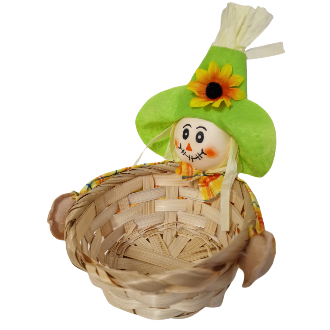 Cestino Intrecciato con Spaventapasseri Decorativo – Fatto a Mano, Ø 12,5 cm