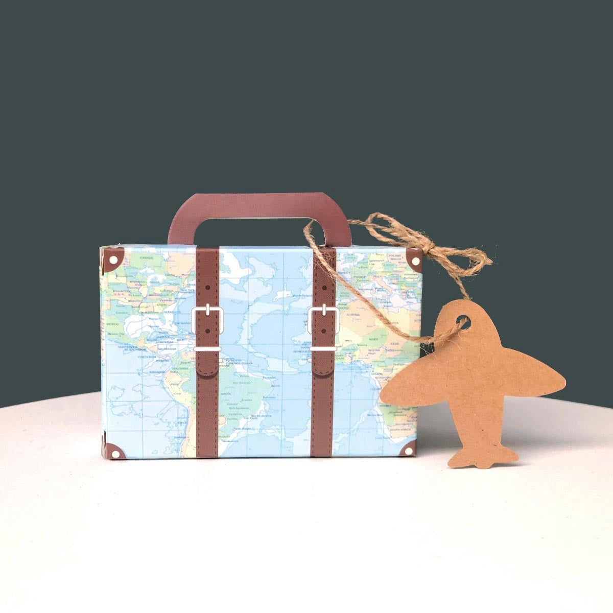 50pz Scatole Valigia Portaconfetti Aereo Viaggio Mappa Mondo con Etichetta