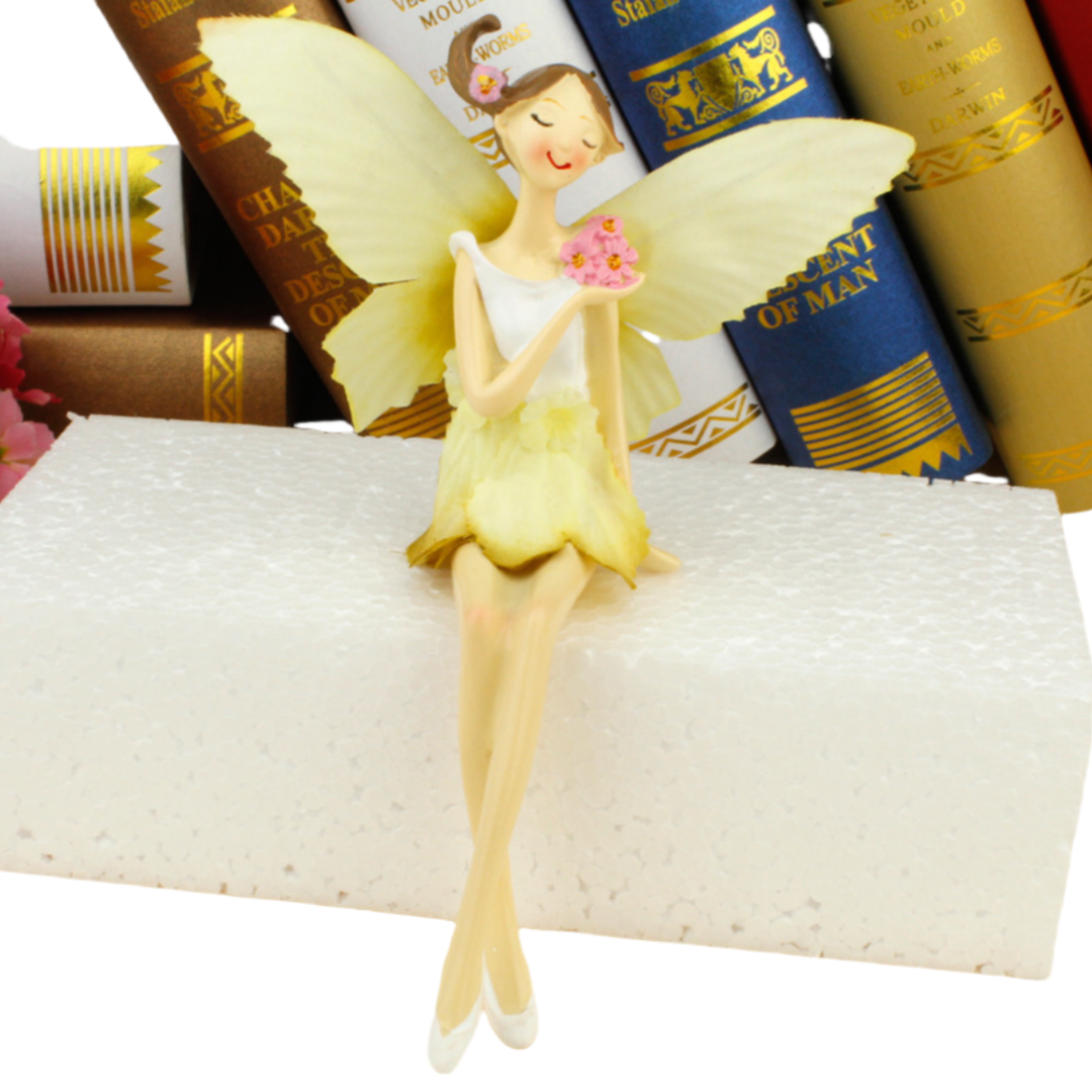 Set da 2 pezzi, Statue Angelo seduto, Fata dei fiori, Ornamento in resina, 15 cm