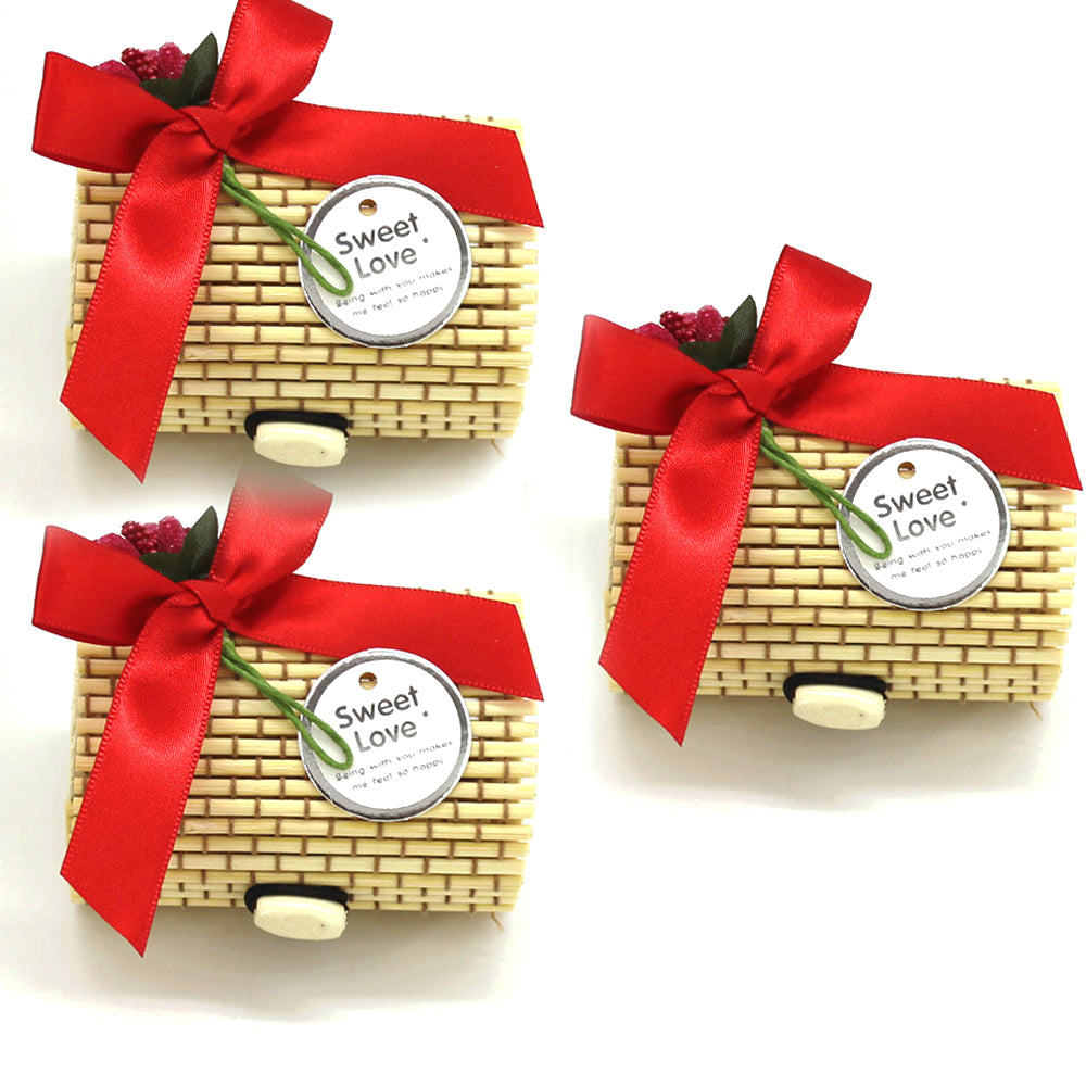 Scatola in Bamboo Legno Portaconfetti Compreso Fiore Fiocco Etichetta