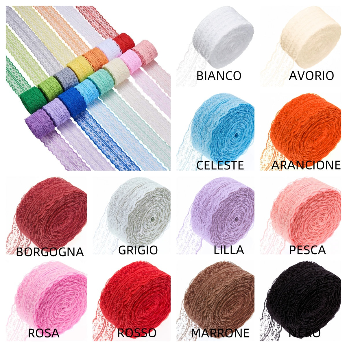 Nastro Rotolo largo 4cm,lunghezza 30 yard motivo floreale in pizzo colorato