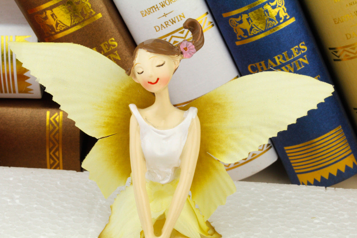 Set da 2 pezzi, Statue Angelo seduto, Fata dei fiori, Ornamento in resina, 15 cm