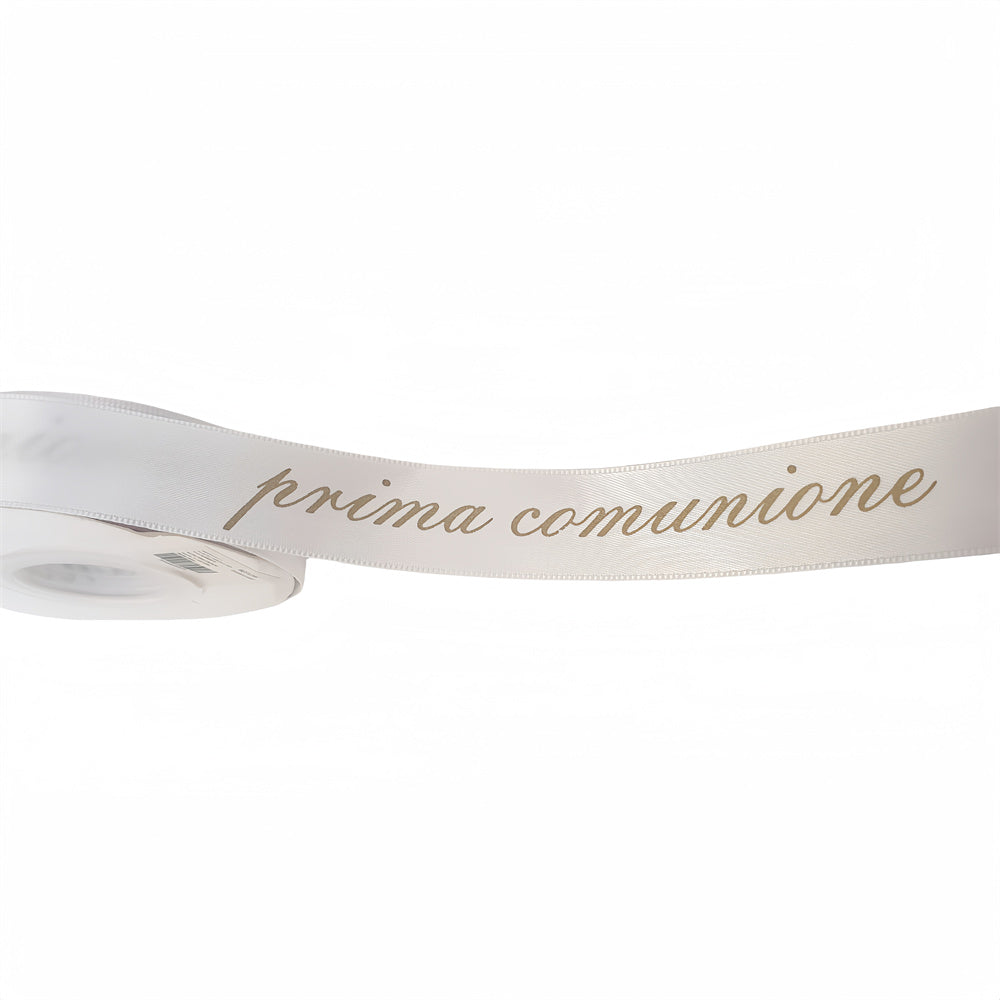 Nastro Raso Bianco con Scritto Oro "prima comunione" 20 Metri 25mm Larghezza