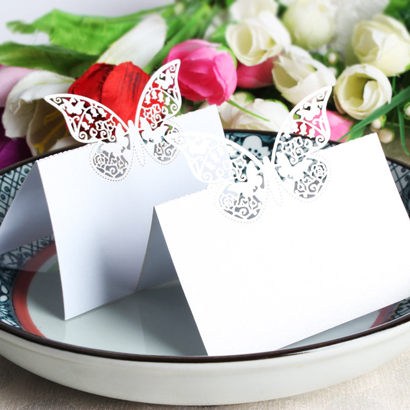 20x Farfalle Cartellini segnaposto BIANCO PERLATO glitter inviti