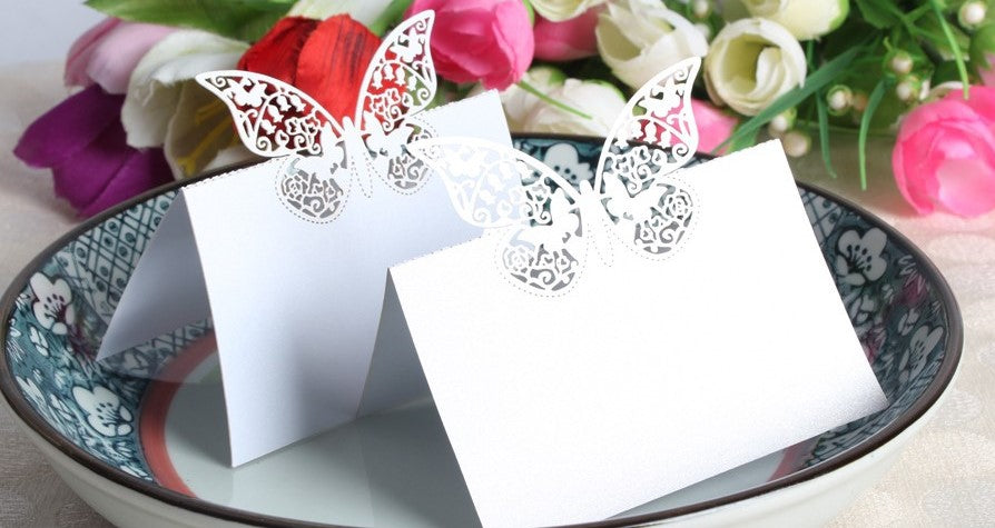 20x Farfalle Cartellini segnaposto BIANCO PERLATO glitter inviti