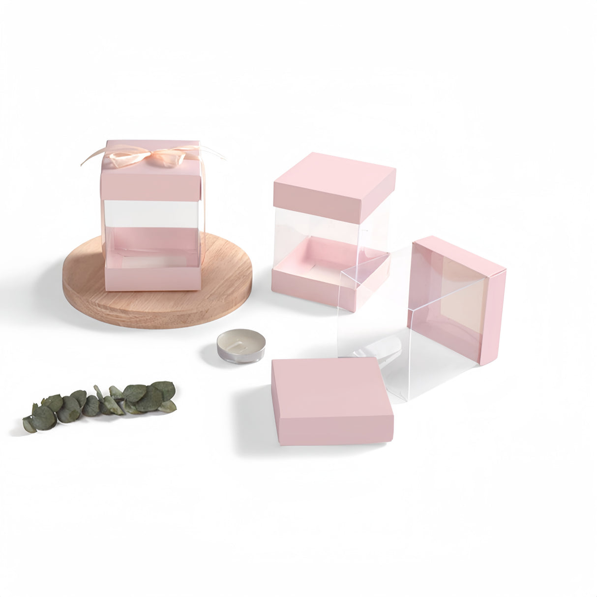 10 Pezzi Scatole Regalo Trasparenti Quadrato Con Coperchio Nastro Rosa