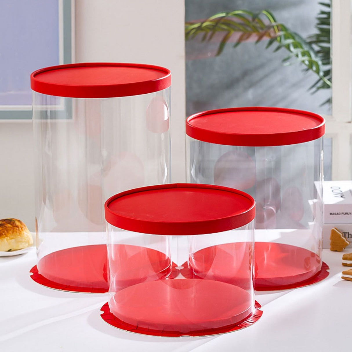 Scatola per Torta Trasparenti in Plastica con Coperchio Rosso