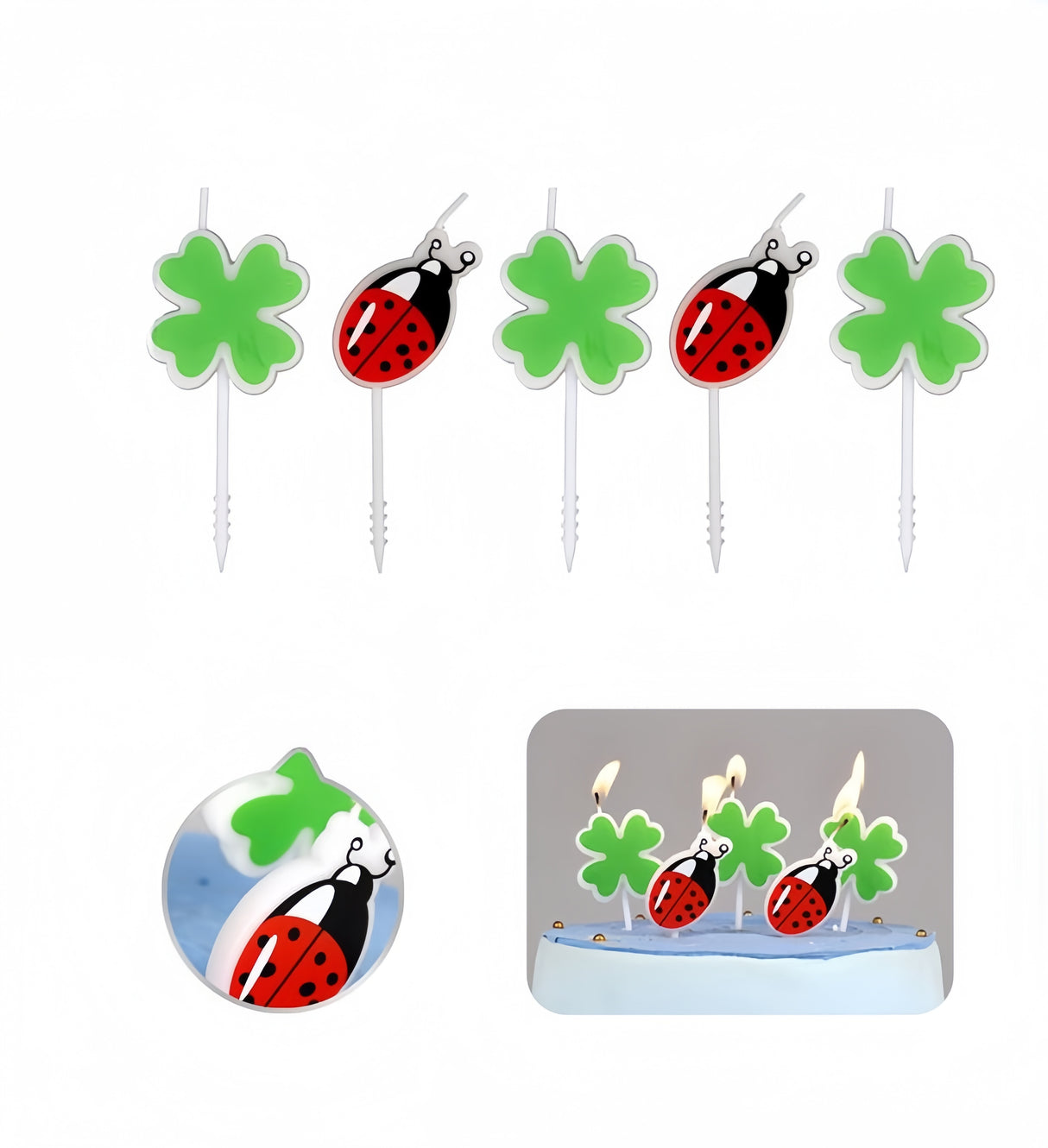 Set di 5 Pezzi Candele di Compleanno con Coccinella e Quadrifoglio