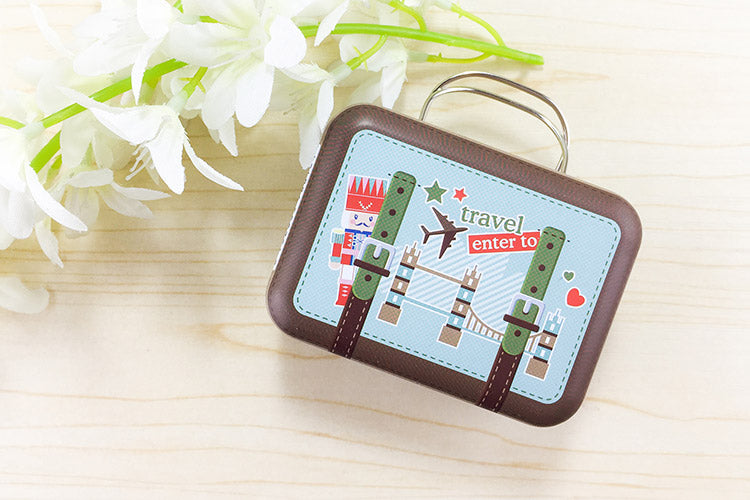 SCATOLA FORMA BAGAGLIO VALIGIA BORSA IN MATERIALE FERRO-PORTACONFETTI BOMBONIERE TEMA VIAGGIO MONDO