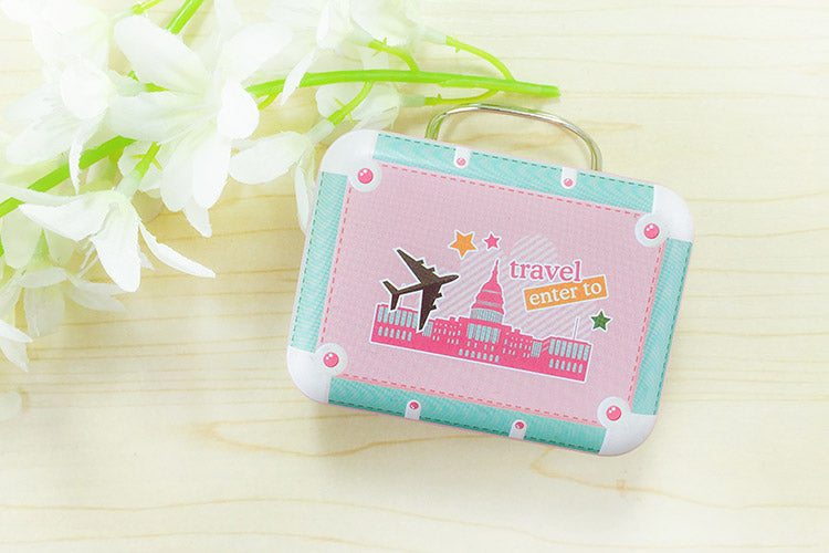 SCATOLA FORMA BAGAGLIO VALIGIA BORSA IN MATERIALE FERRO-PORTACONFETTI BOMBONIERE TEMA VIAGGIO MONDO