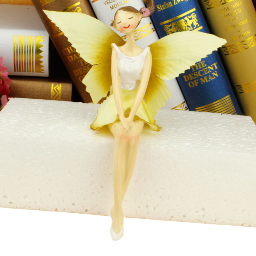 Set da 2 pezzi, Statue Angelo seduto, Fata dei fiori, Ornamento in resina, 15 cm