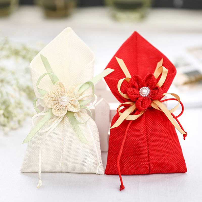 10x Sacchetti Portaconfetti Calle con Lino Tessuto Fiocco Fiore