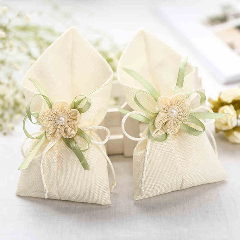 10x Sacchetti Portaconfetti Calle con Lino Tessuto Fiocco Fiore