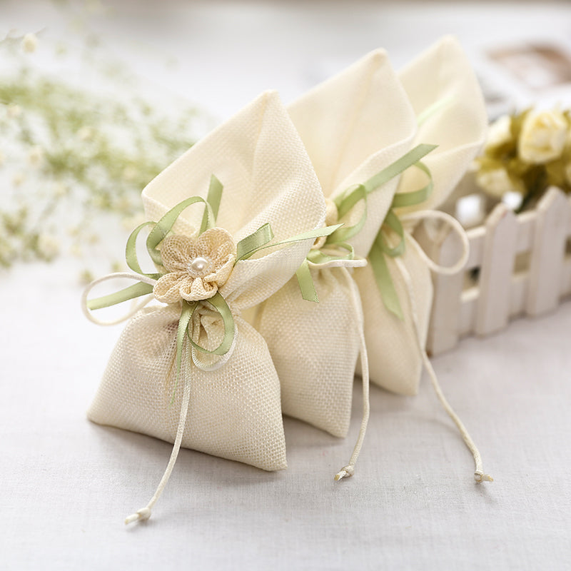 10x Sacchetti Portaconfetti Calle con Lino Tessuto Fiocco Fiore