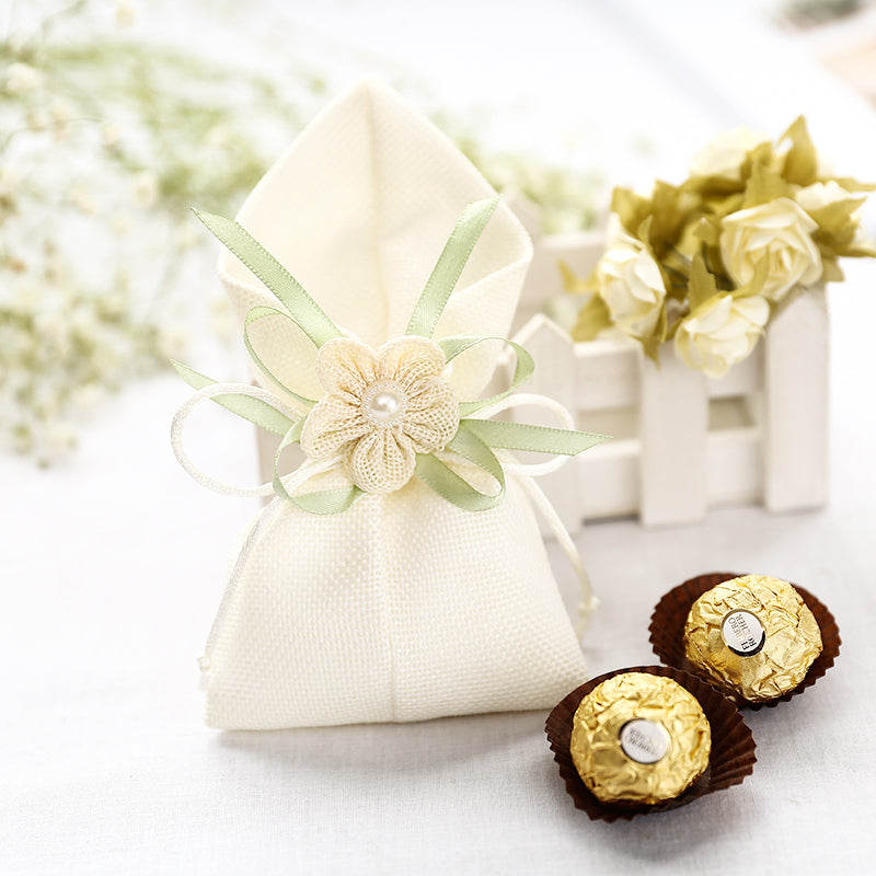 10x Sacchetti Portaconfetti Calle con Lino Tessuto Fiocco Fiore