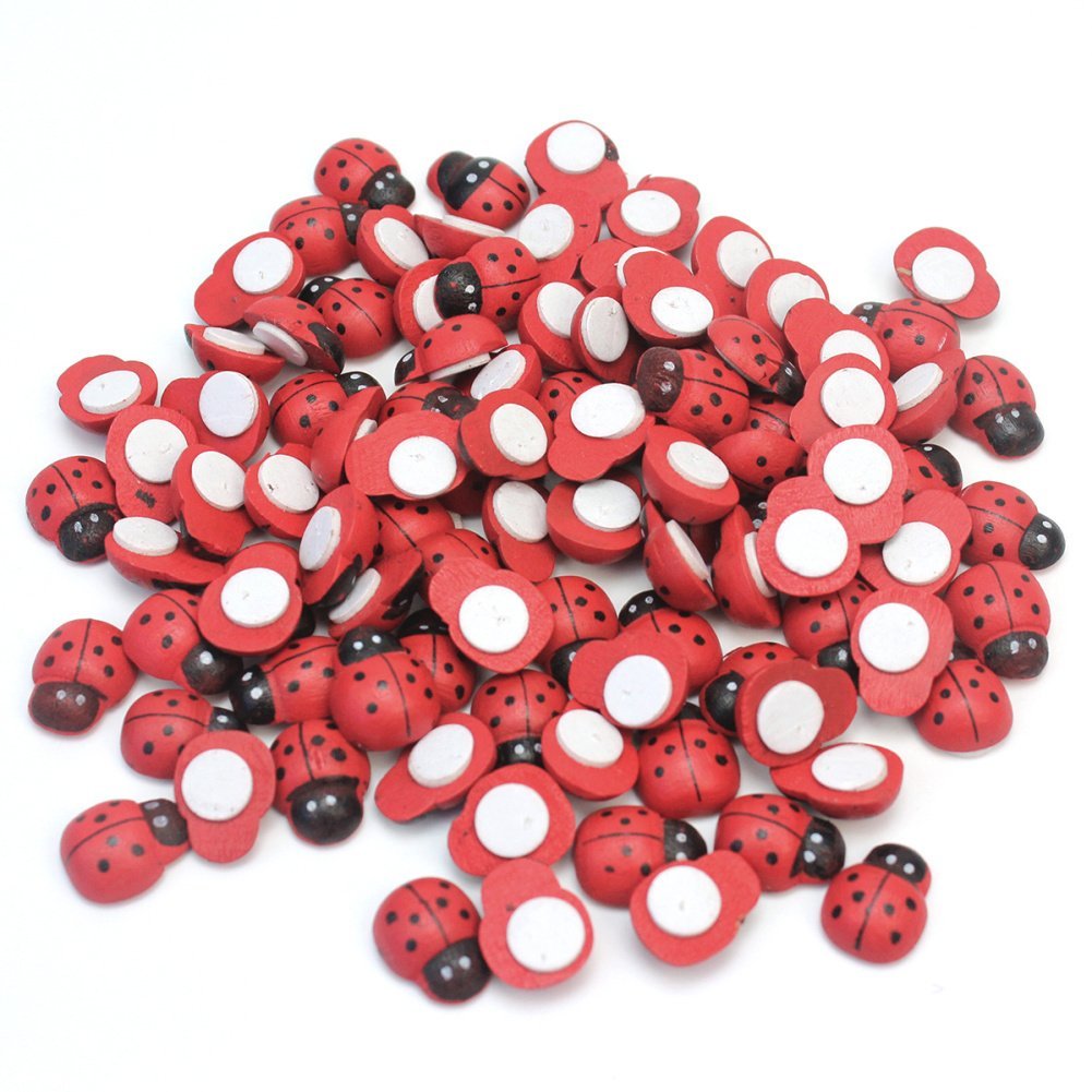 144 COCCINELLE ADESIVE PICCOLE 15mm IN LEGNO BOMBONIERE DECORAZIONI