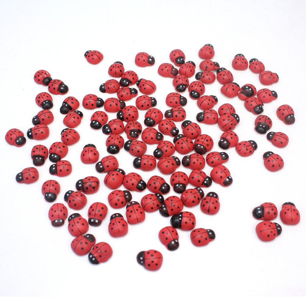 144 COCCINELLE ADESIVE PICCOLE 15mm IN LEGNO BOMBONIERE DECORAZIONI
