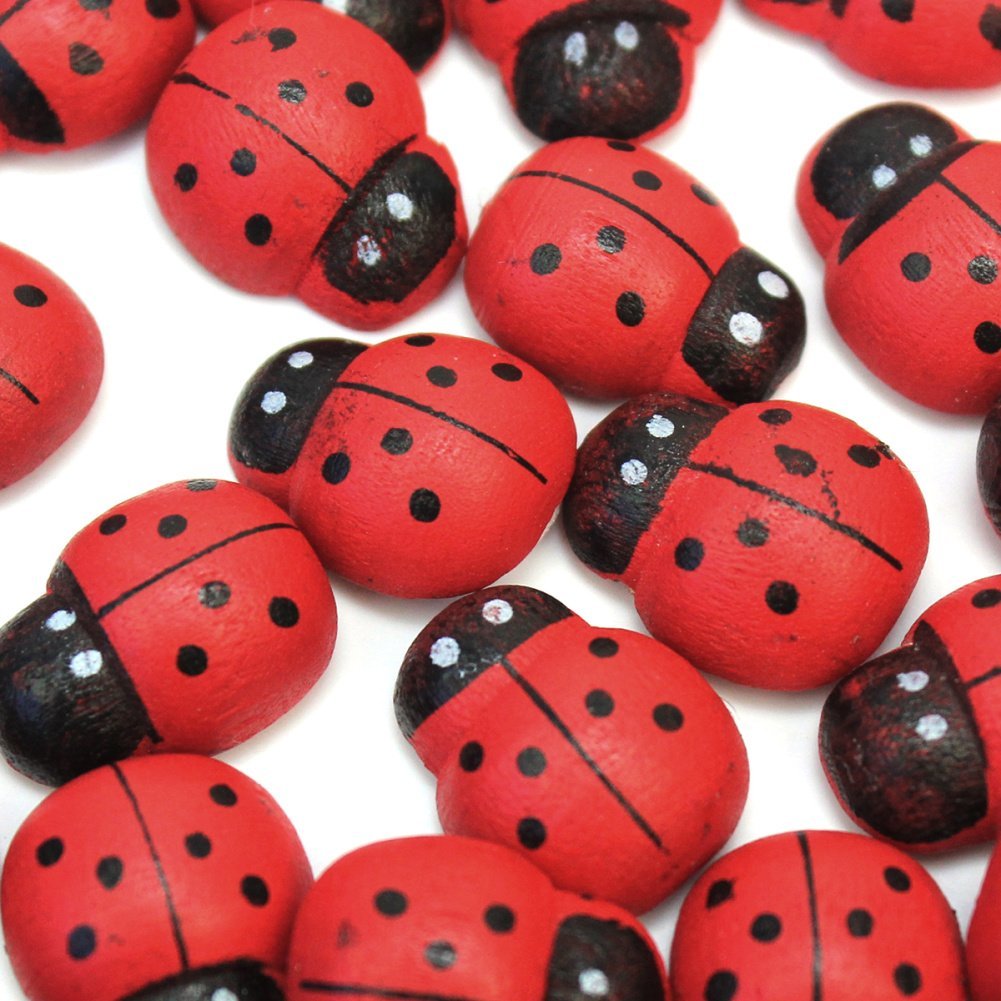 144 COCCINELLE ADESIVE PICCOLE 15mm IN LEGNO BOMBONIERE DECORAZIONI