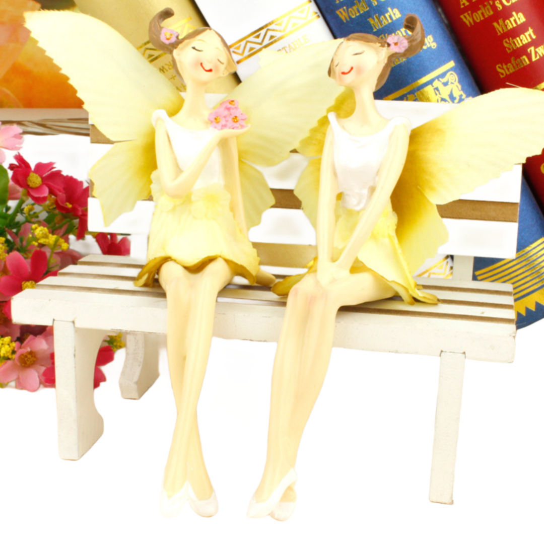 Set da 2 pezzi, Statue Angelo seduto, Fata dei fiori, Ornamento in resina, 15 cm