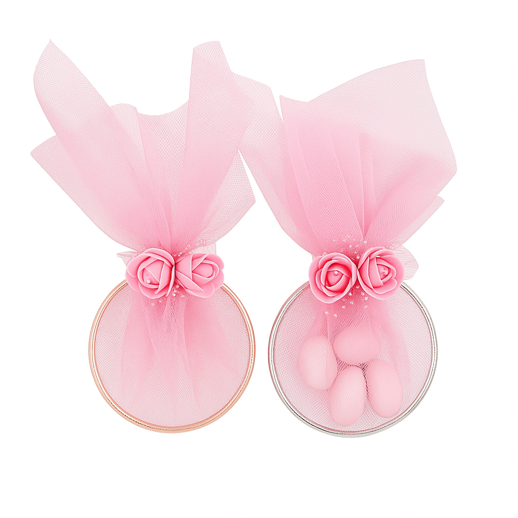 20 pezzi Bomboniera segnaposto in cerchio anello metallico e tulle Rosa con fiore decorazione, adatta a tutte le cerimonie