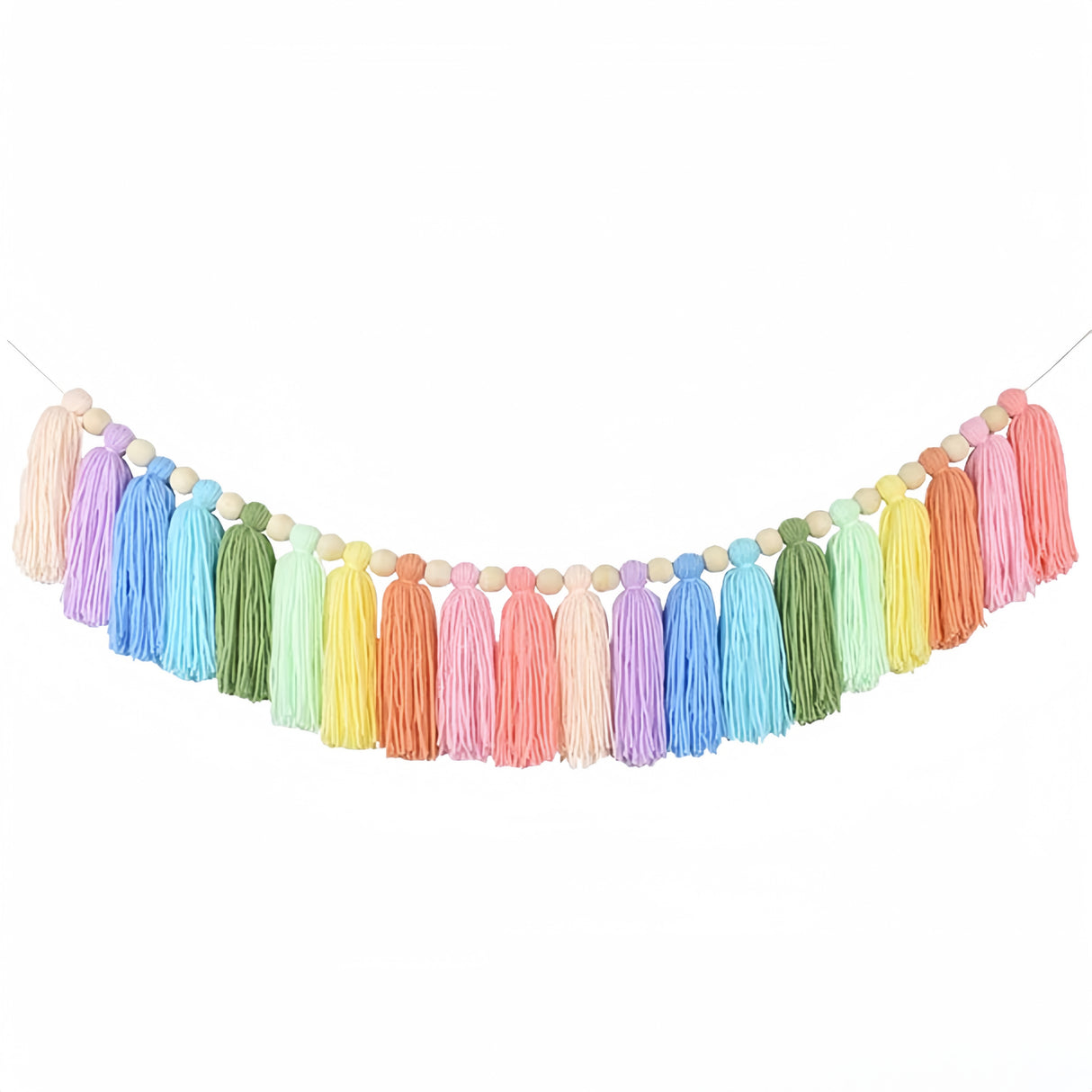 Ghirlanda decorativa con nappe di macramè e perline di legno, lunghezza 94 cm