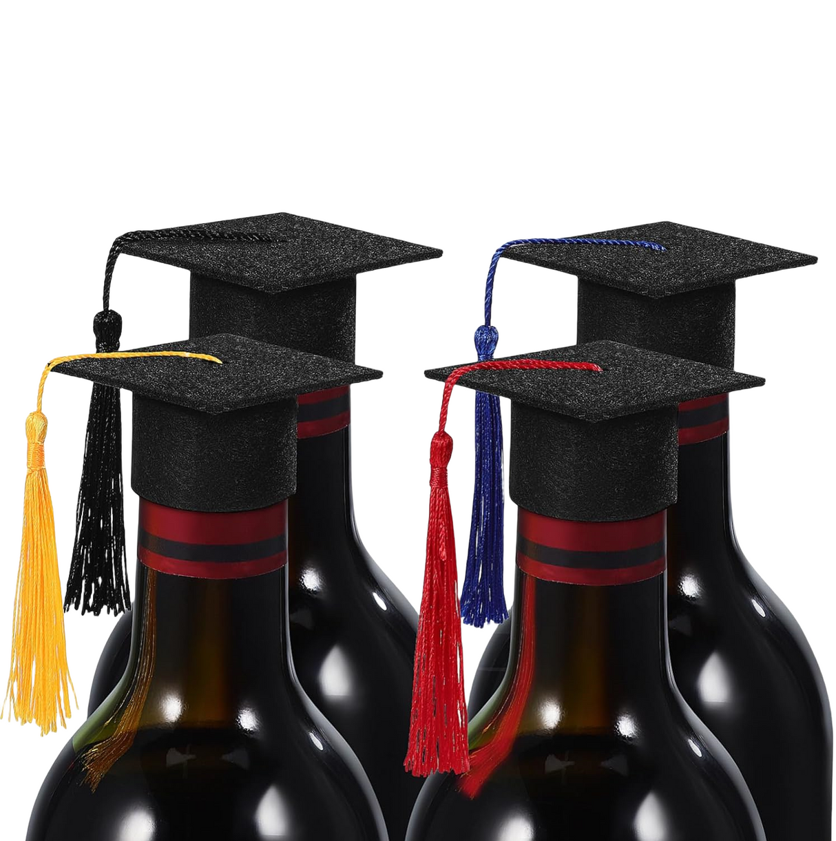 Set di 15 pezzi mini cappelli da laurea berretto dottorato con nappe rosso, decorazione per bottiglie vino bomboniere accessori