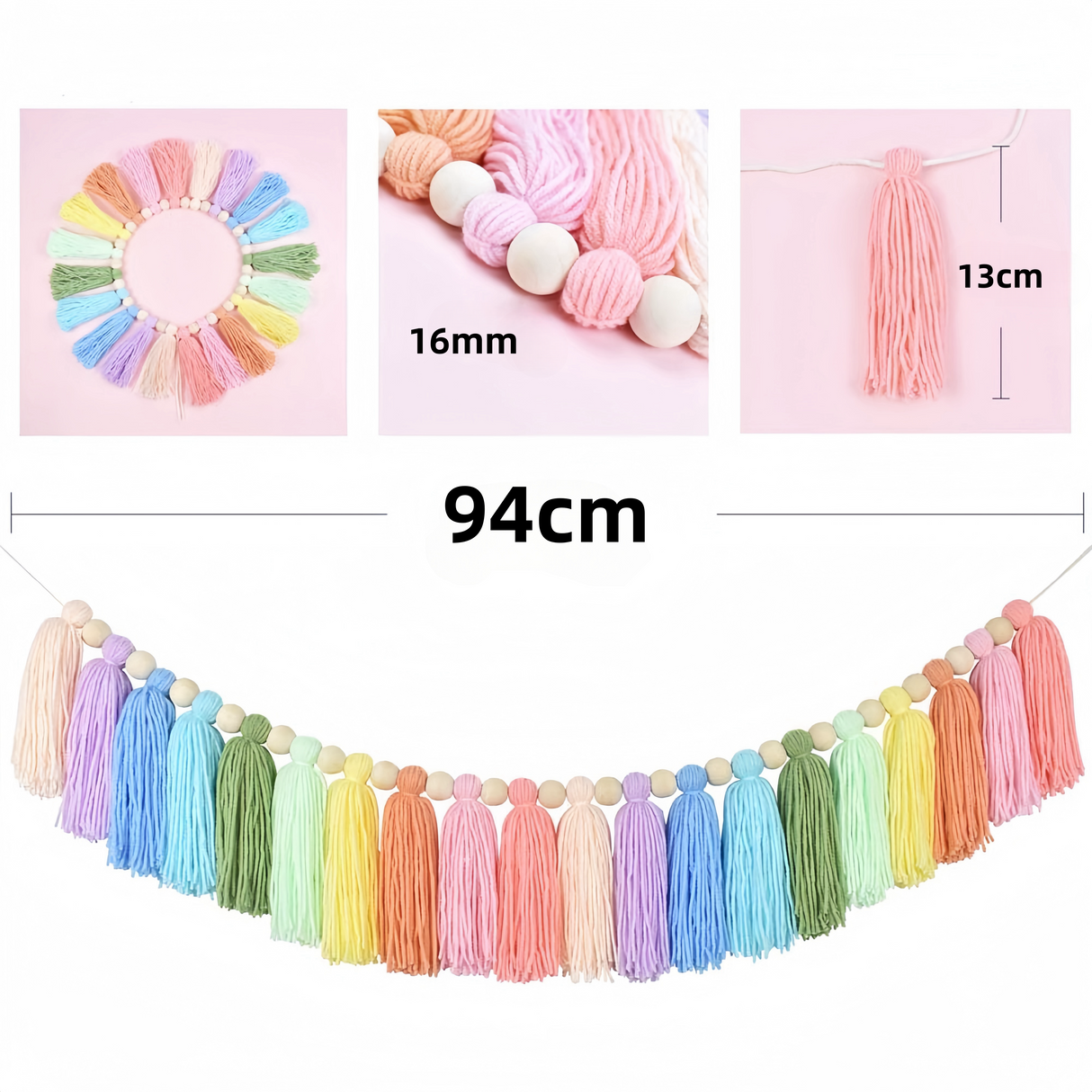 Ghirlanda decorativa con nappe di macramè e perline di legno, lunghezza 94 cm