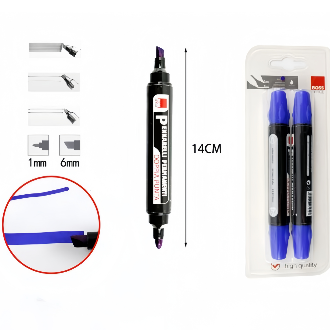 Pennarelli Permanenti Doppia Punta 1mm/6mm - Set 2 Pezzi Blu - Scrittura e Marcatura