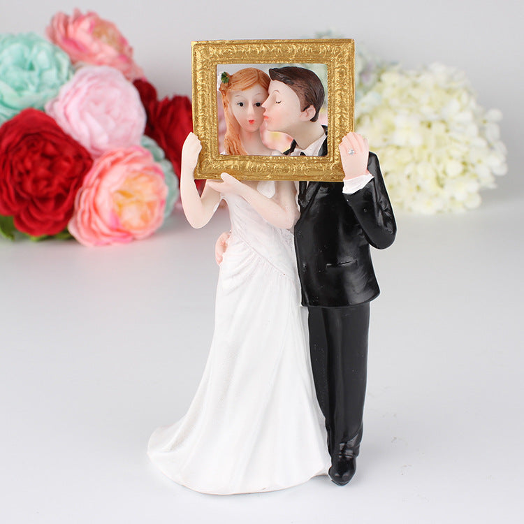 CAKE TOPPER STATUINE MATRIMONIO DECORAZIONE TORTA TORTE NUZIALI RESINA CORNICE FOTO