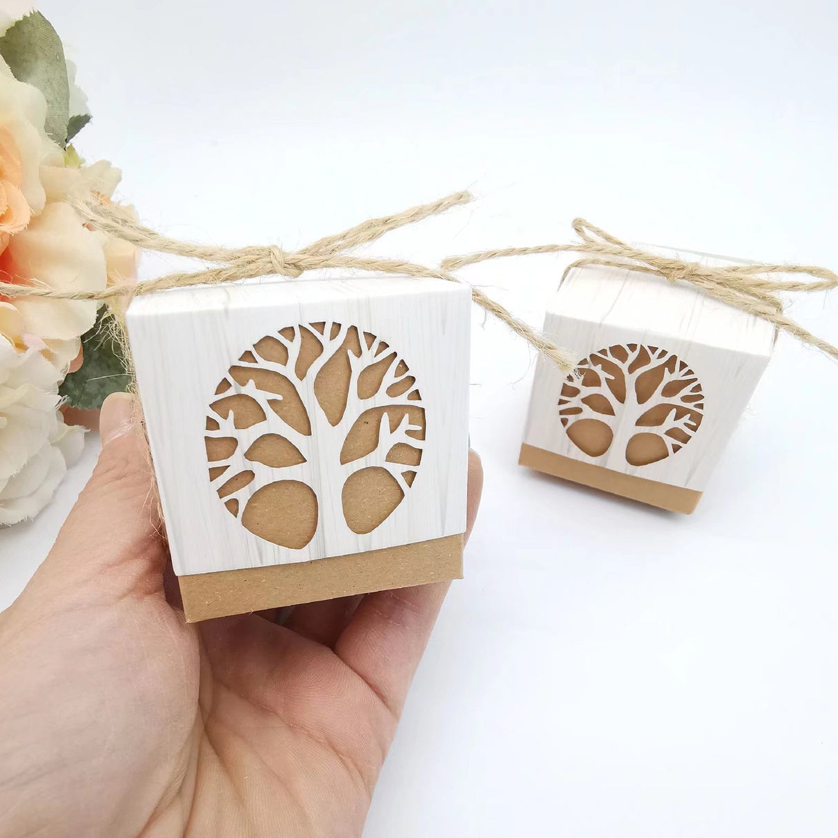 50 pezzi scatola kraft portaconfetti albero della vita con corda di canapa