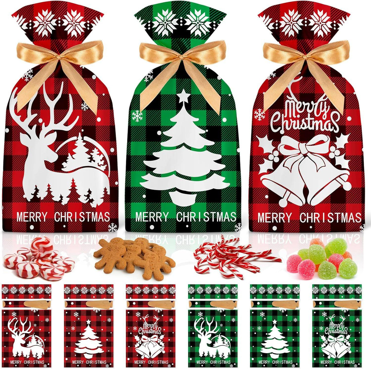 Sacchetti Regalo di Natale, 50 Pezzi Bustine 15×23 cm con Nastro di Raso, Motivo Scozzese Rosso/Verde, Sacchetti in Plastica per Dolci, Biscotti e Piccoli Regali